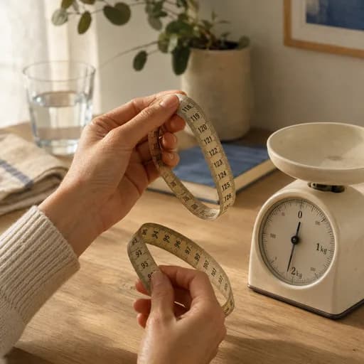 Manos sosteniendo una cinta métrica con una balanza al lado
